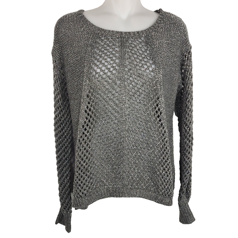 Rock & Republic Women's Gray Metallic Open Knit Pullover Sweater Grunge Small